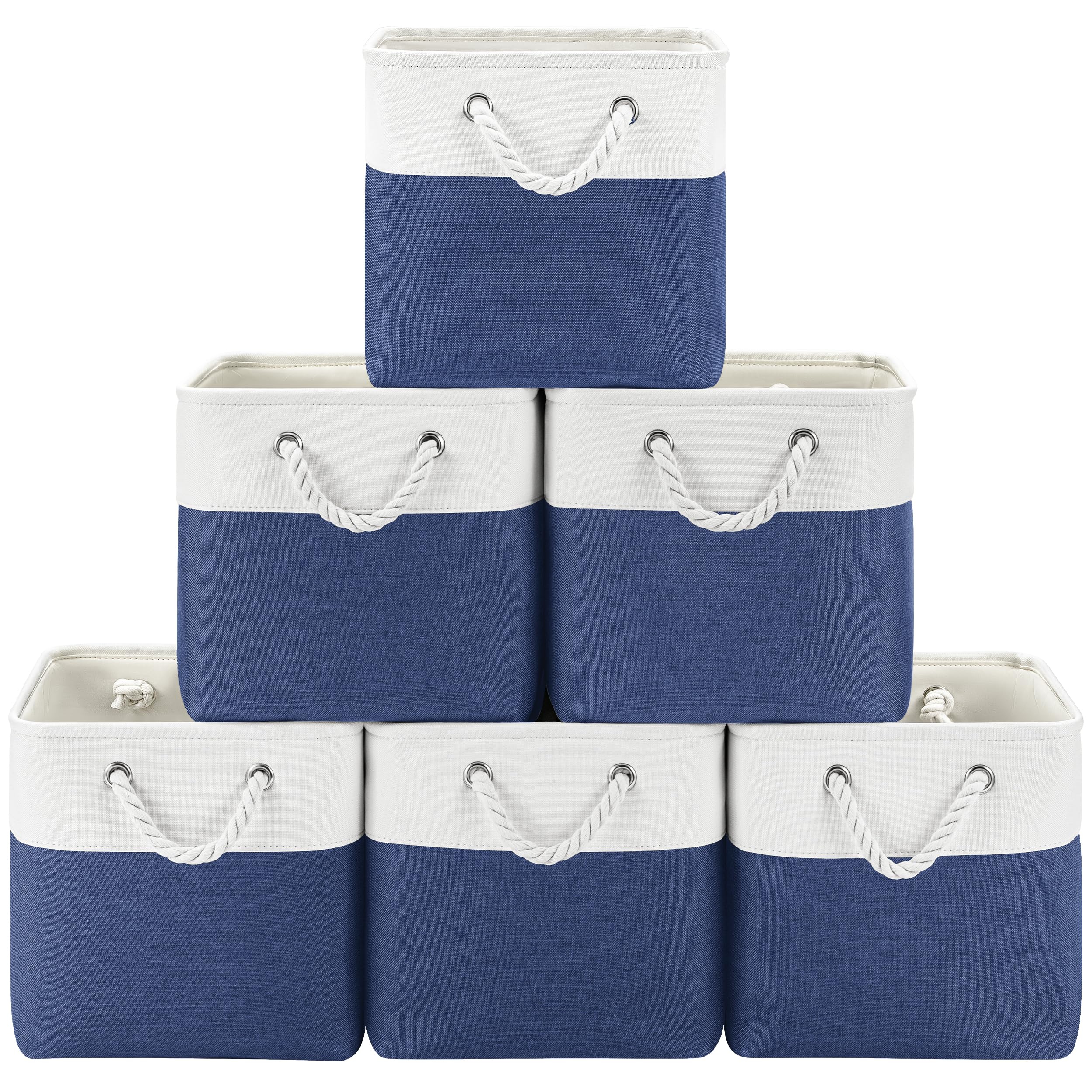 Patvingot 11 Inch Cube Storage Bins, 6 Pack Fabric Storage Cubes with Rope Handles, Organizer Baskets for Closet Shelves, Clothes and Home Organization(White/Blue)