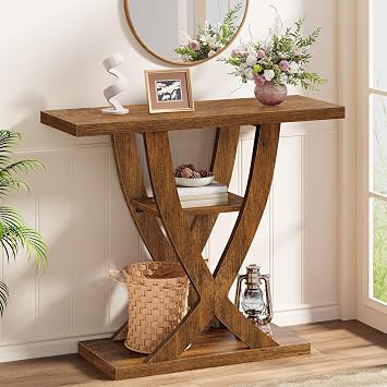FAVOOSTY Entryway Table, 3 Tier Hallway Table, Console Tables for Living Room, Narrow Entrance Table with Storage, Sofa Table Behind Counch, Accent Table for Entry Foyer, Rustic Brown