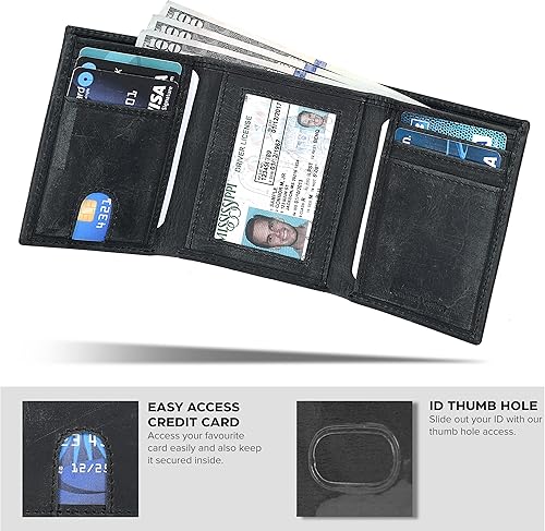 Miniatura 7 de Billetera triple de cuero real para hombre, delgada para tarjetas de crédito, soporte frontal para tarjetas de crédito, billeteras de triple pliegue