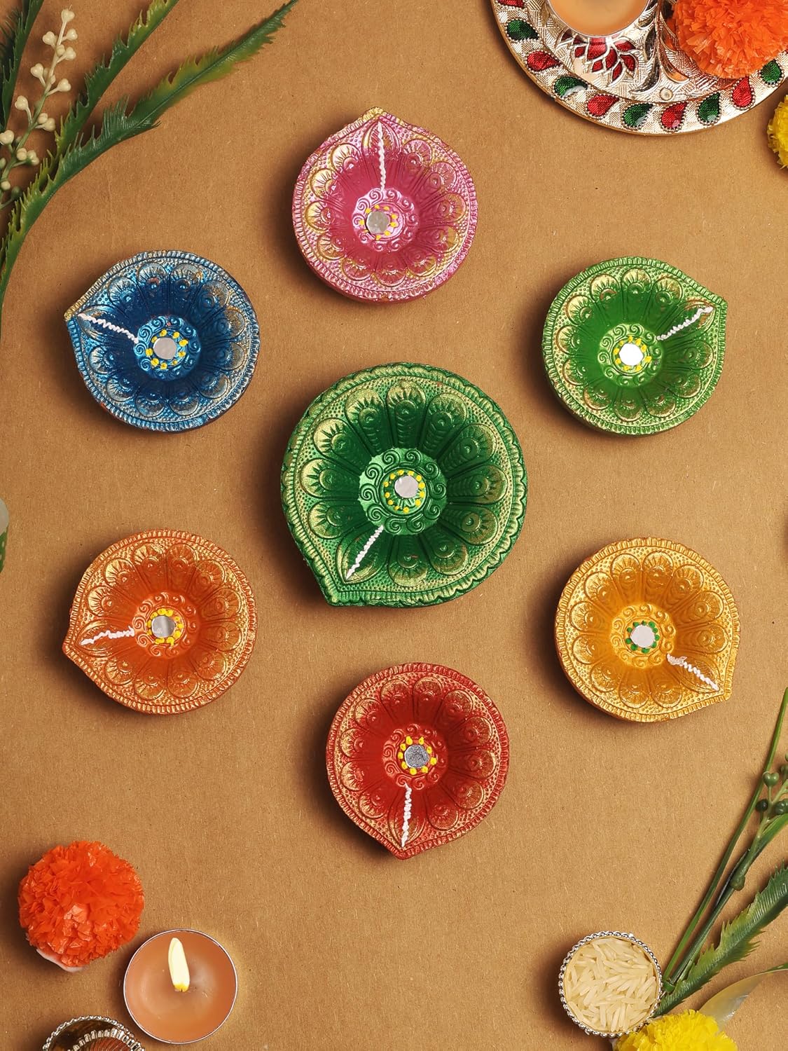 Premium Handmade Terracoaat Set of 7 Multicolor Clay Diya for Diwali/Navratri Decorations Oil Lamp Diwali Clay Diya Tea Light Holder Home Decor Festival Gifts Puja Items - DIYA07HL04