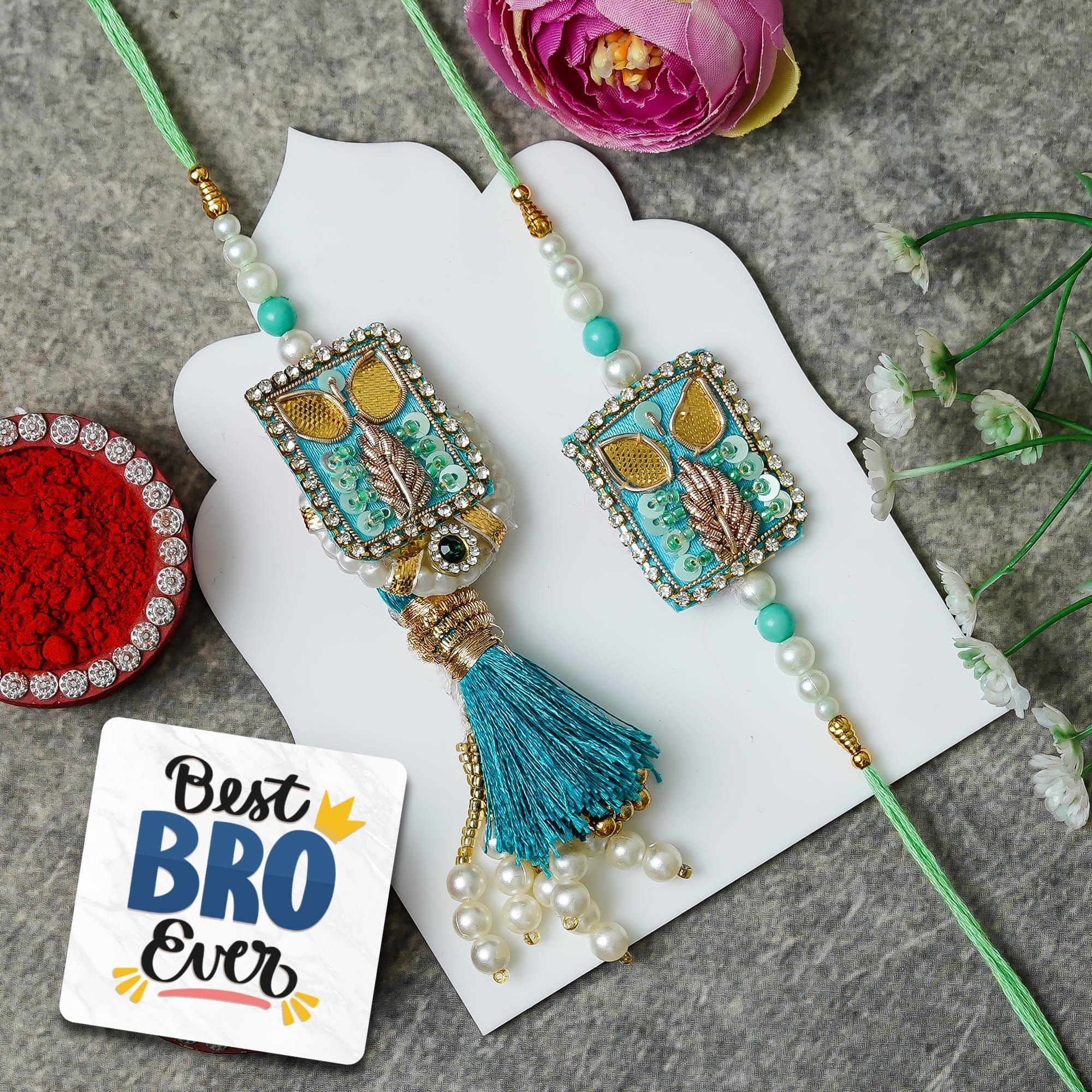 eCraftIndia Sky Blue Designer Rakhis for Brother and Bhabhi | Bhaiya Bhabhi Rakhi Set of 2 | Lumba Rakhi | Best Bro Ever