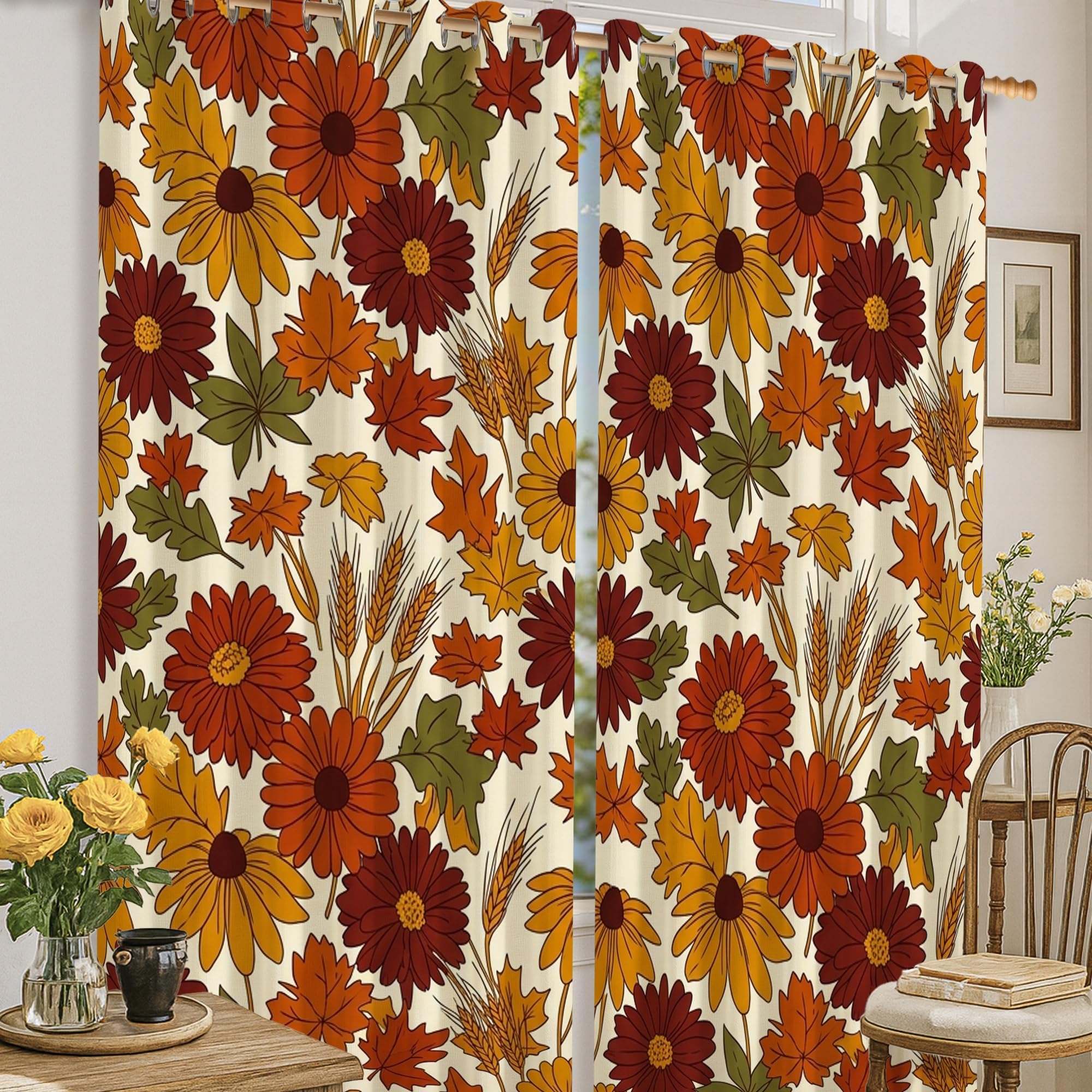 Rideaux occultants 132x183 cm motif floral d'automne orange pour chambre