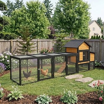 119.5" Outdoor Wooden Chicken Coop with Run, Large Chicken Coop with 7 Doors, Nesting Box, Pull-Out Tray, Ramp, Poultry House for 2-4 Chickens, Expandable Design, Black