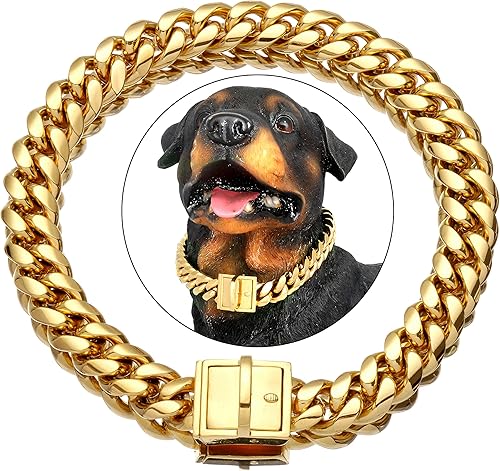 Miniatura 1 de Collar de cadena de oro para perro, de metal de 18 quilates, cadena de eslabones cubanos de acero inoxidable fuerte, resistente, a prueba de