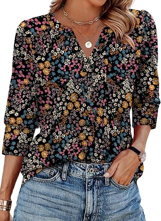 WIHOLL 3/4 Length Sleeve Womens Tops with Button Cuffs Dressy Casual V Neck Summer Outfits Early Fall Fashion Spring Clothes