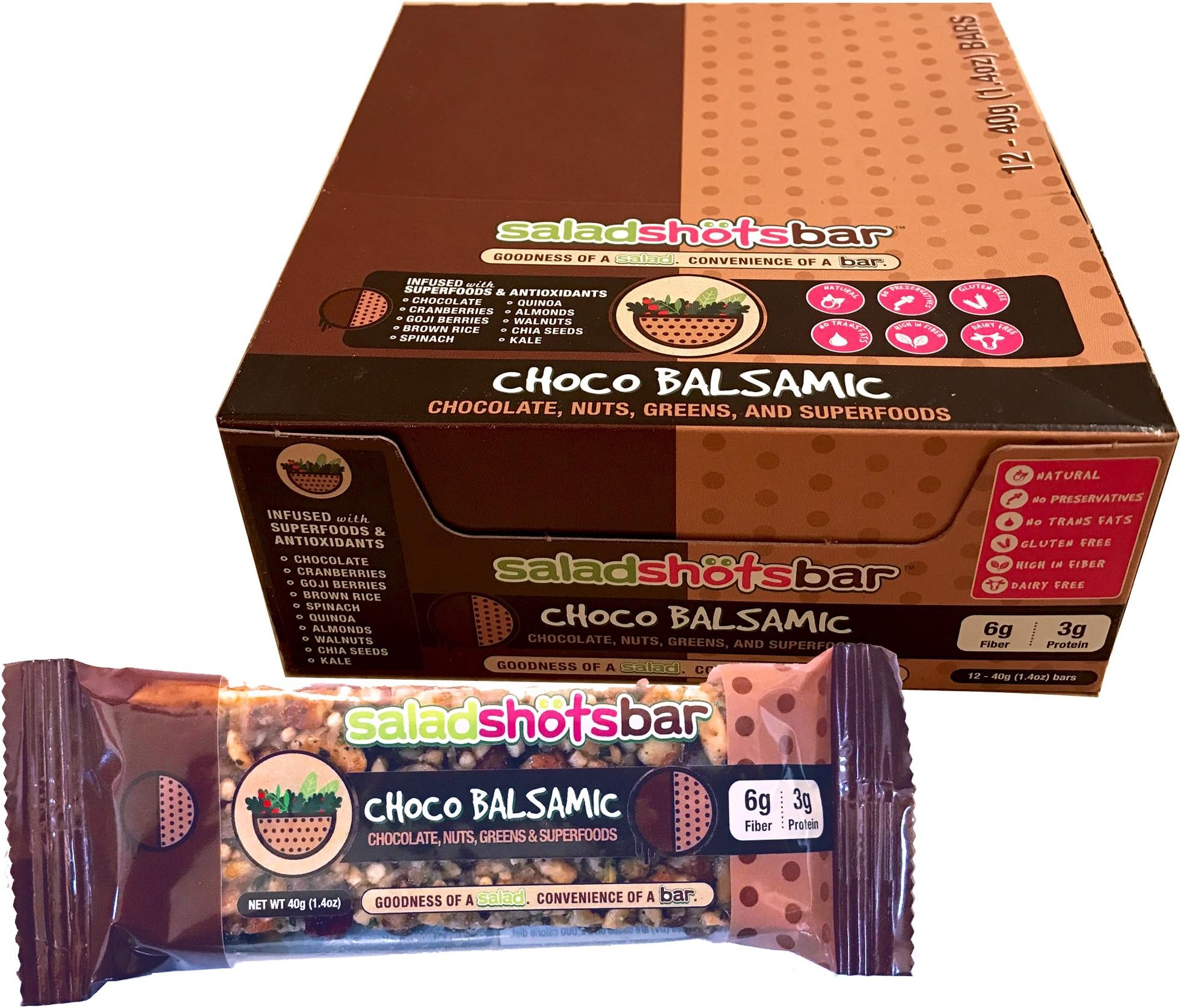 Saladshotsbar Choco Balsamic, Chocolate, Nuts and Greens Salad Nutrition Bar - 1.4oz (12 Pack)