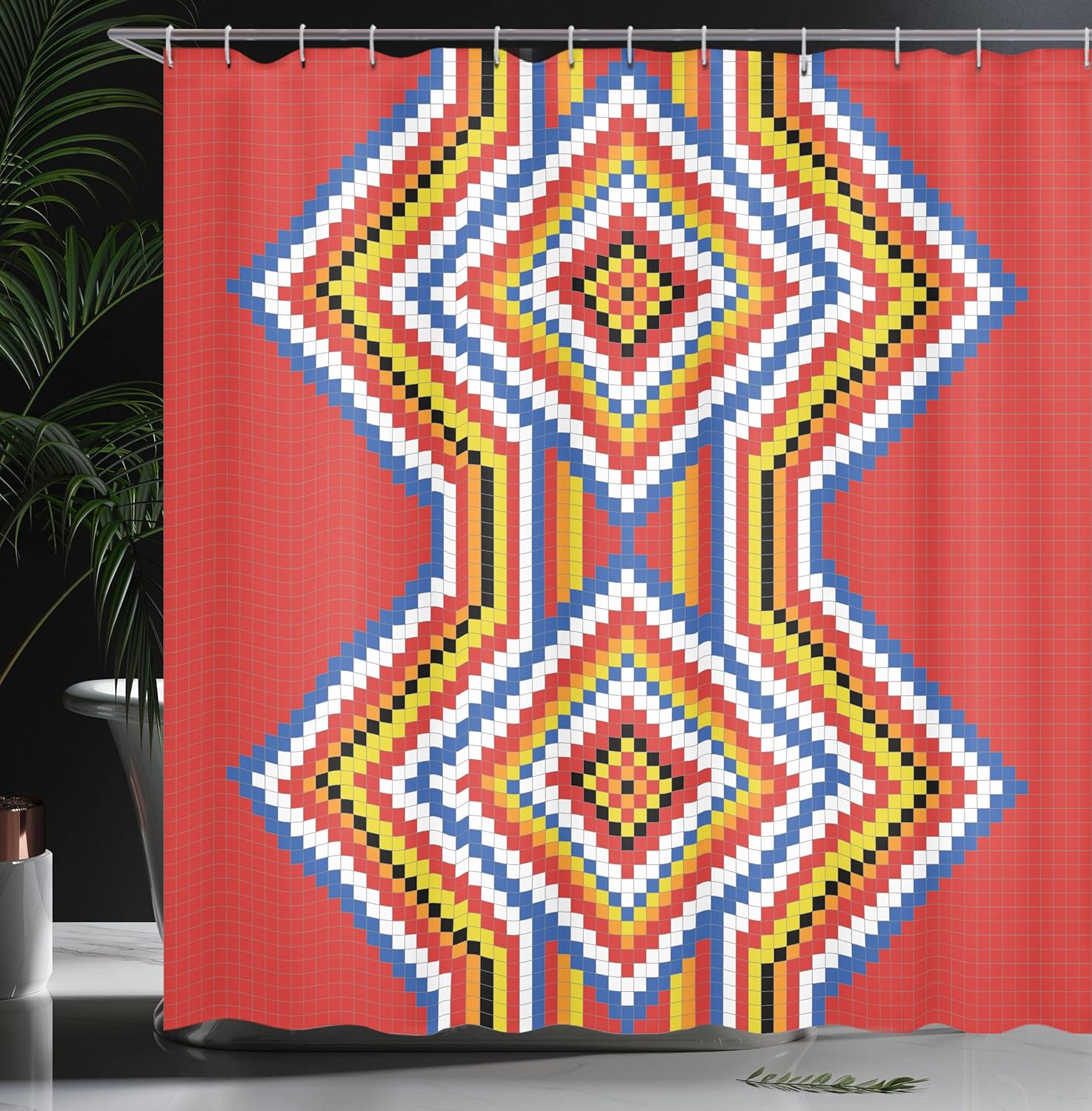 Ambesonne Tribal Shower Curtain, Traditional Style Mosaic Pattern Image, Cloth Fabric Bathroom Decor Set with Hooks, 69" W x 75" L, Yellow White Night Blue