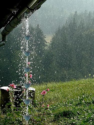 Miniatura 6 de Cadenas de lluvia de hierro de color azul antiguo de loto de 8.5 pies para canalón y barril de lluvia, cadena de lluvia chapada resistente al óxido