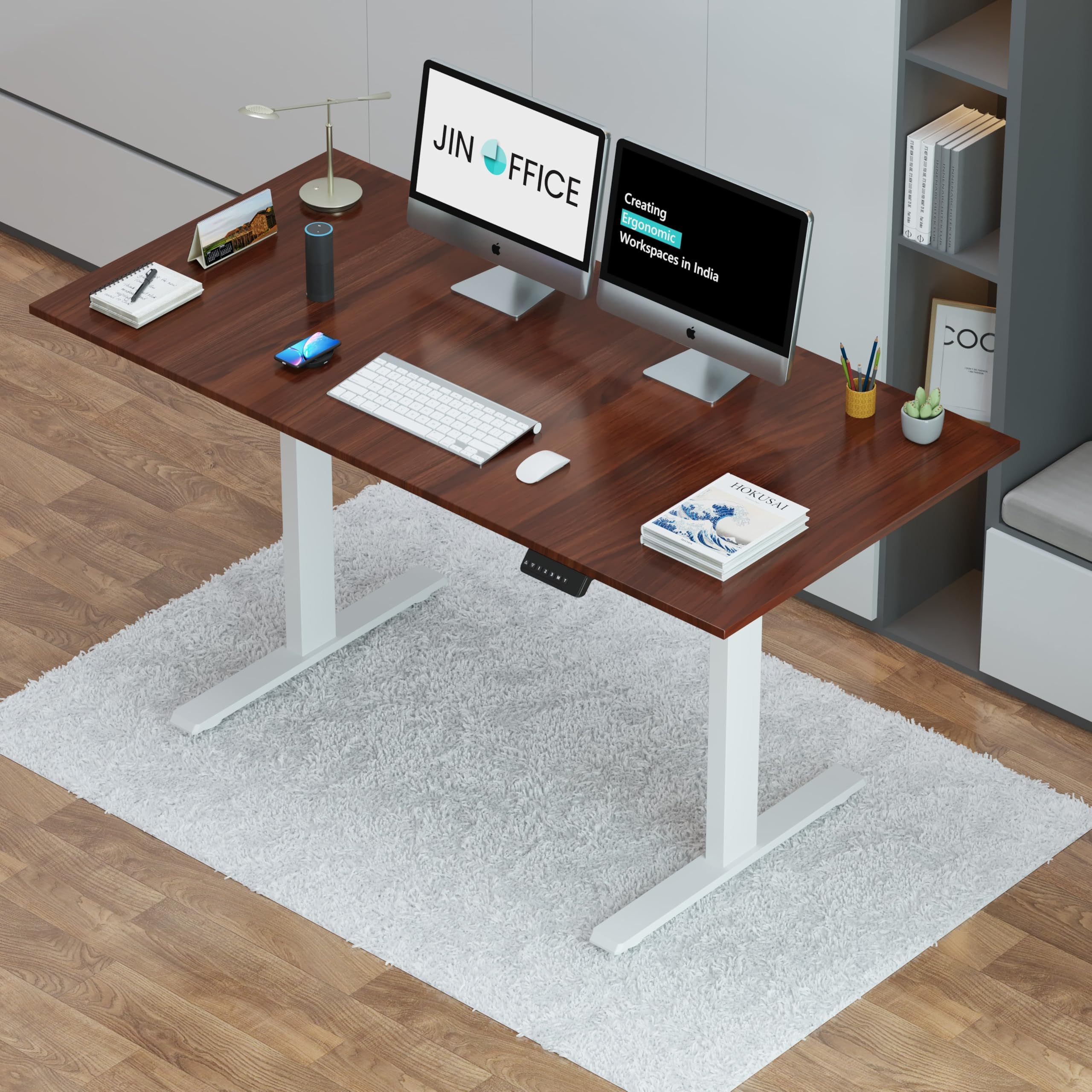 JIN OFFICE Zenith Electric Height Adjustable Desk| Standing Desk with 100 Kg Wt. Capacity & 3 Year Warranty| Sit Stand Table for Home Office with 3 Memory Preset| White & Brown|1500X750mm/25MM Thick