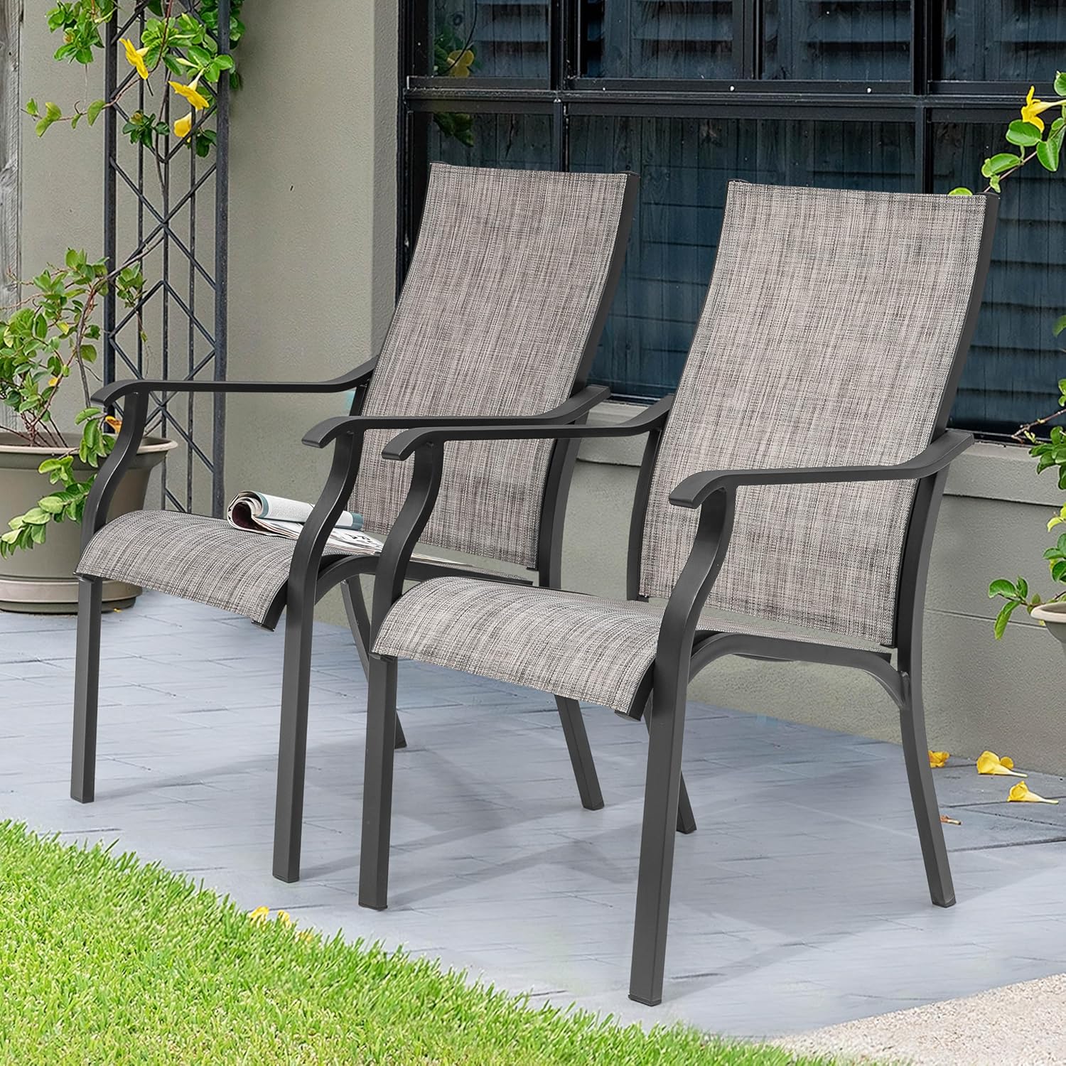 NUU GARDEN Outdoor Dining Chair Set of 2, Breathable Textilene Fabric and Aluminum Frame with Backrest and Armrests, Quick-Dry and Rust-Resistant, Patio Chairs for Lawn, Garden, Grayish Brown