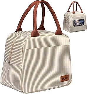 Lunch Bag, Bagseri Insulated Lunch Box for Women and Men, with Transparent Phone Holder Pocket, Reusable Lunch Cooler Bags Thermal Organizer, Water-resistant Lining (Khaki White Stripe)