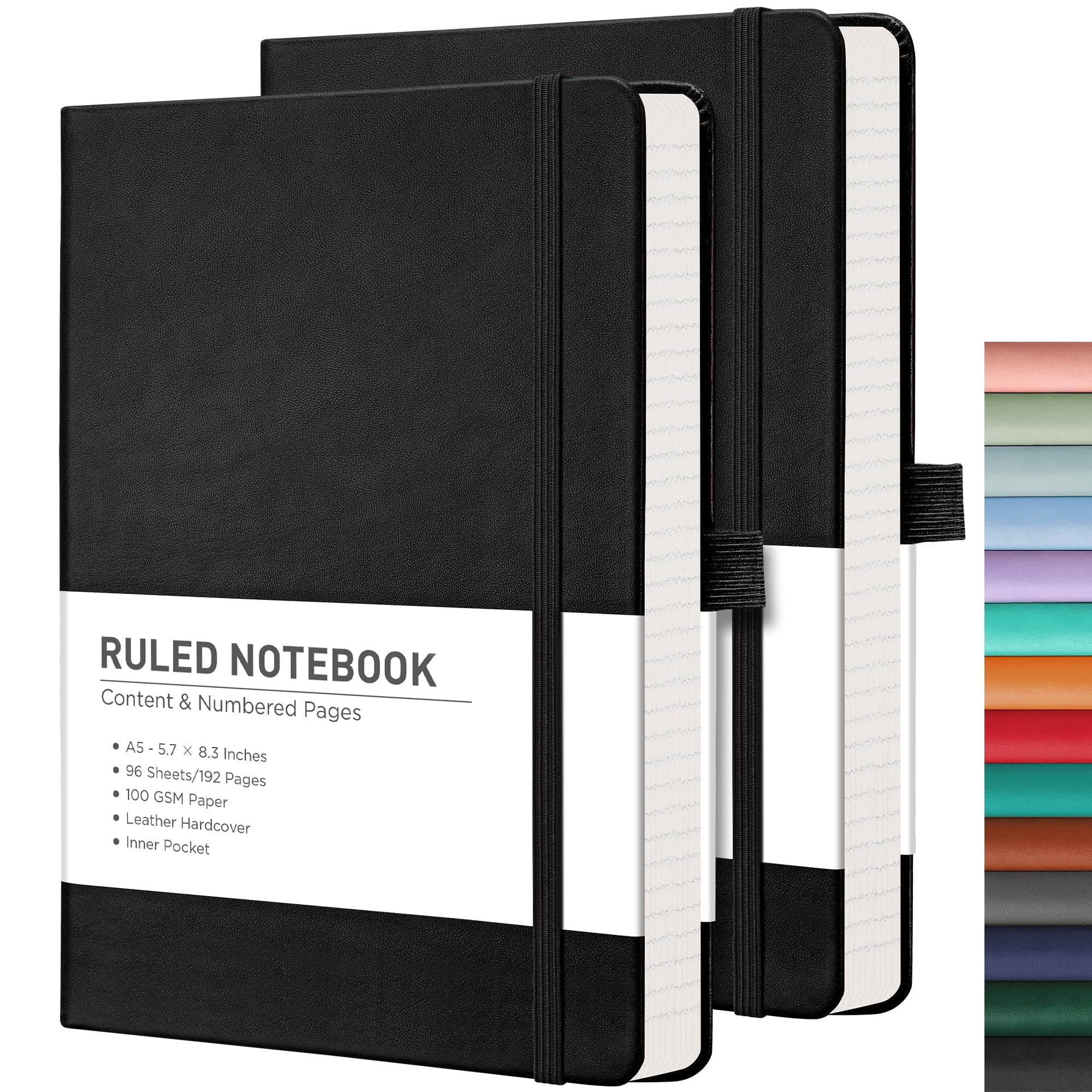 RETTACY Lined Journal Notebook, 2-Pack, 192 Numbered Pages per Pack, A5 Medium Size (5.7'' x 8.3''), for Men & Women, Writing, Work, Leather Hardcover, 100 GSM Thick Paper (Black & Black)