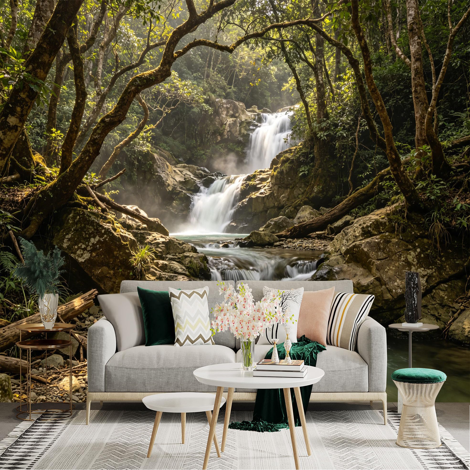 Lnzczhyre Dbh260521249 Custom Size Wall Sticker Mural， Scenic Waterfall In Lush Rainforest， Rocky Stream And Sunlit Trees， For Wall Decoration， Peelandstick Wall Decals.