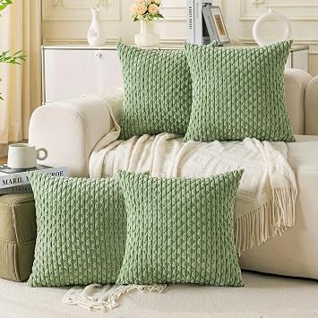 Set of 4 Sage Green Decorative Throw Pillow Covers 18x18 Inch Corduroy Pillow Covers for Bed Couch Sofa Living Room Soft Square Cushion Cases