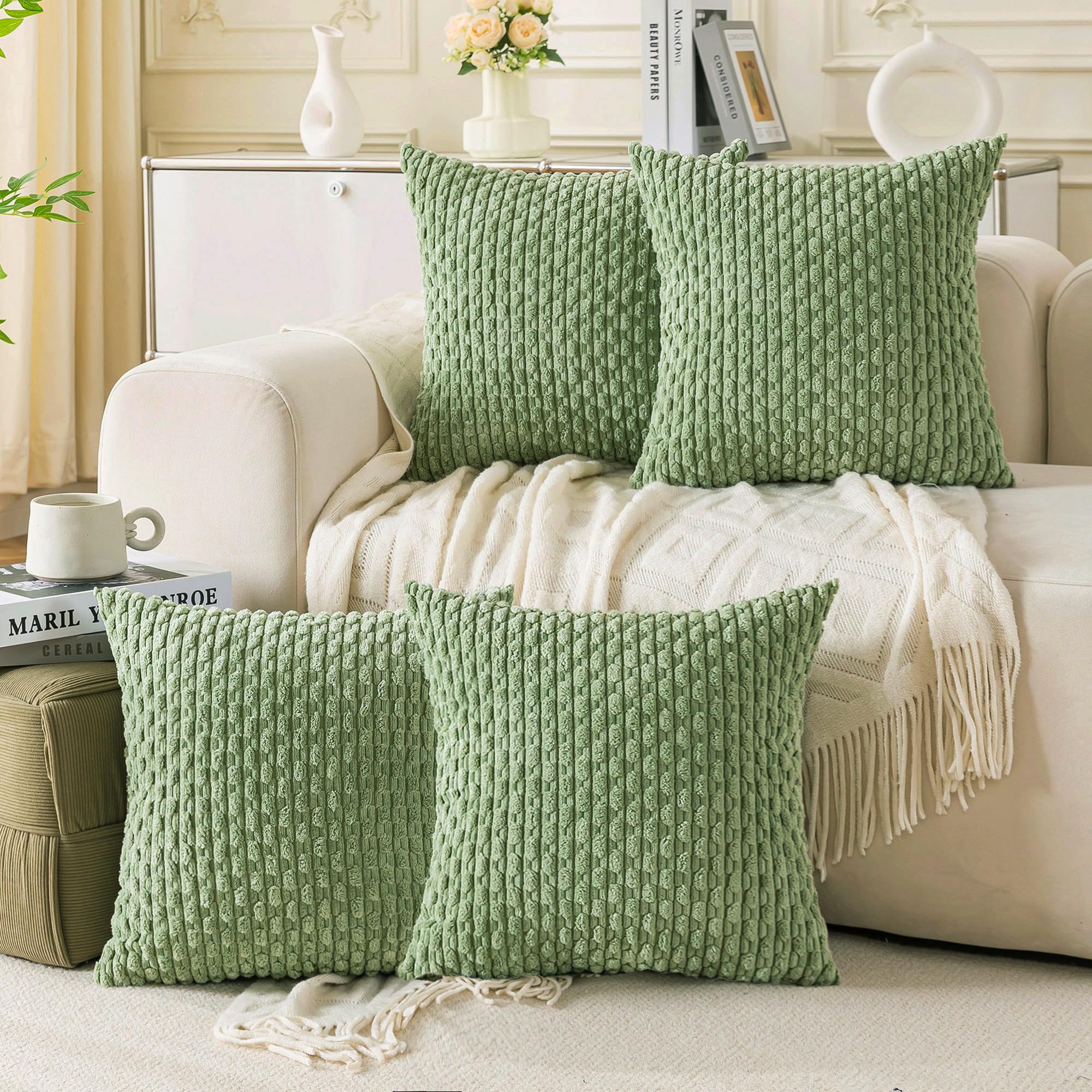 Amazon.com: Cozoomy Set of 4 Sage Green Decorative Pillow Covers 18x18 ...