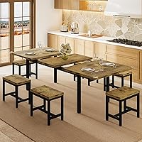 Vista 14 de Juego de mesa de comedor de 5 piezas para 4-6, juego de mesa de cocina extensible de 63" con 2 bancos y 2 taburetes, juego de mesa de comedor