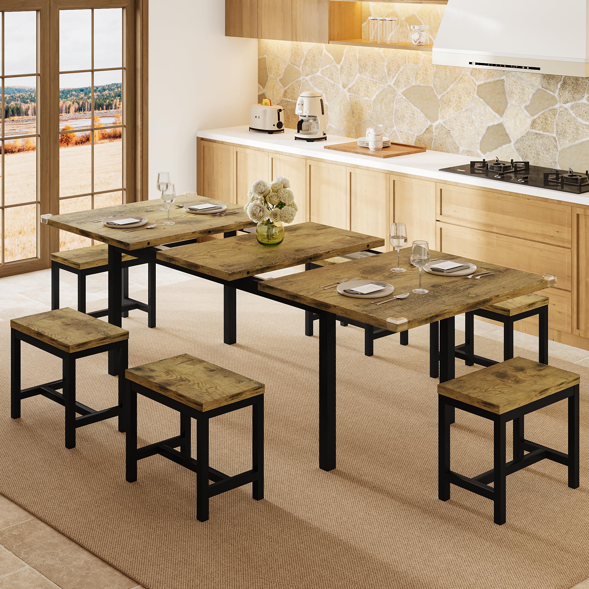 Einhomn 7-Piece Dining Table Set, 63" Extendable Kitchen Room Table with 6 Stools, Mid Century Modern Dinner Table with Metal Frame & MDF Board,