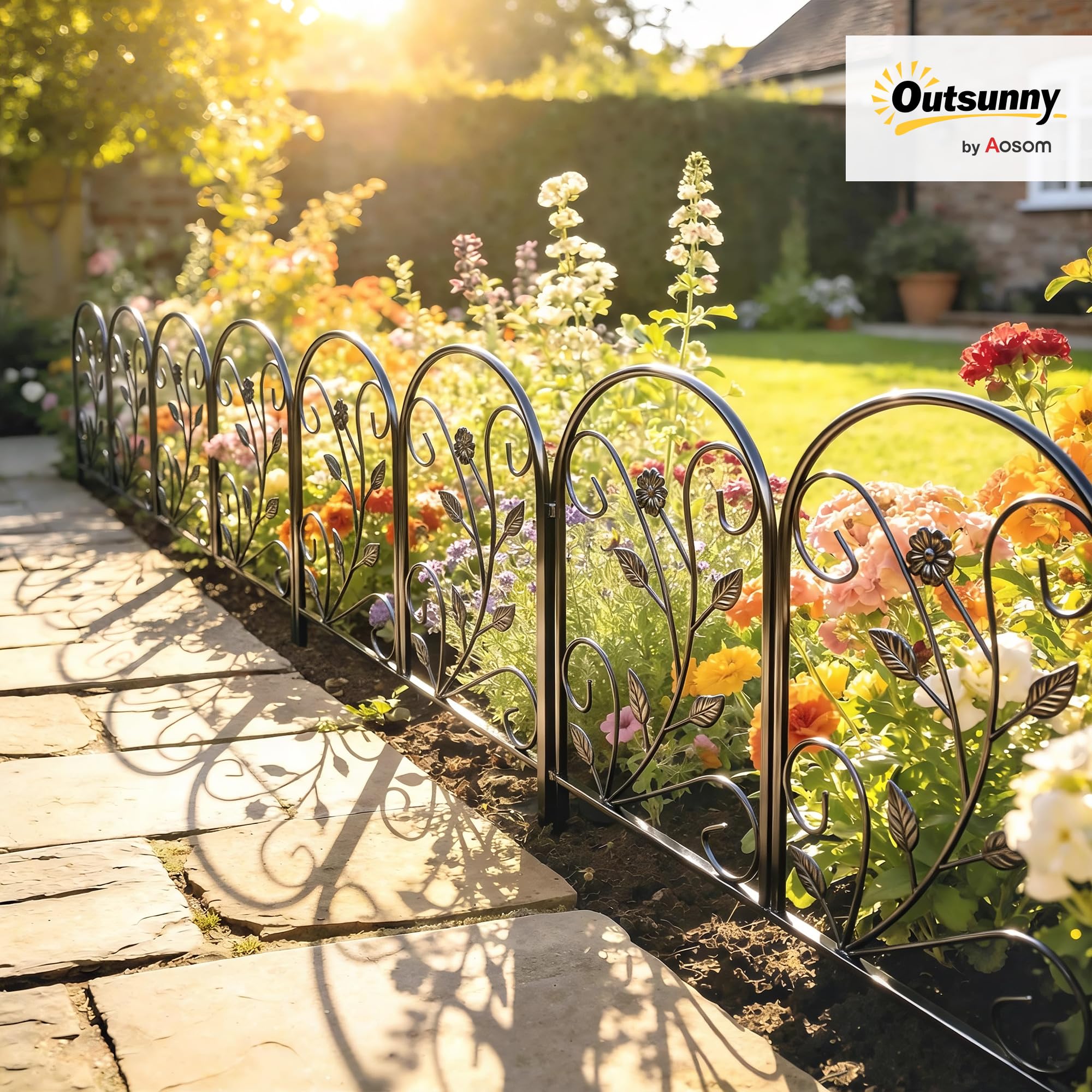 Outsunny Clôture de Jardin Décorative 5 Panneaux pour Patio 80x60 cm Noir | Panneaux de Clôture Antirouille, pour Animaux, Bordure Paysagère, Fleurs, Extérieur
