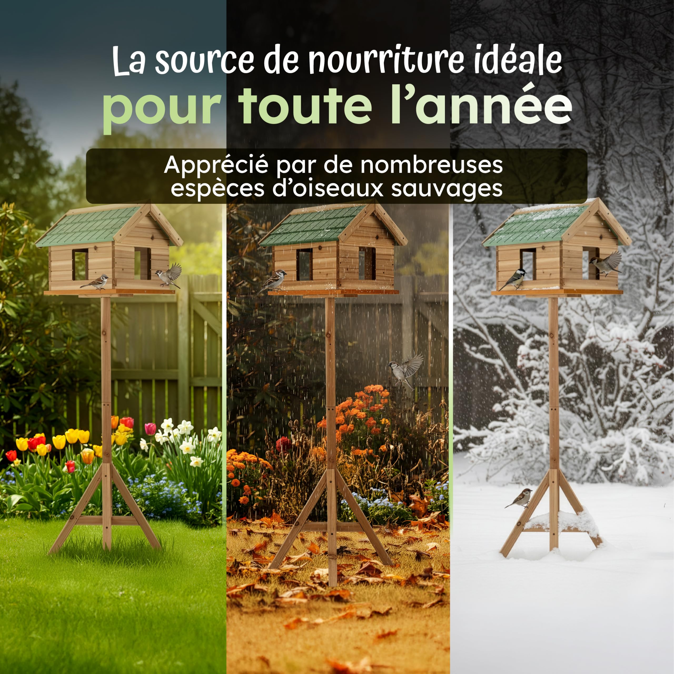 Moorland Nichoir Mangeoire Oiseaux Exterieur sur Pied 135 cm avec Fenêtres – Grande Mangeoire Cabane Oiseaux en Bois pour Jardin Balcon Terrasse – Toit Résistant aux Intempéries Toute l'Année – VH2