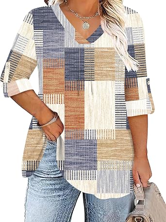 TFSDOD Plus Size Women Blouses 3/4 Sleeve Long Sleeve V Neck T Shirts Summer Business Casual 1X-5X
