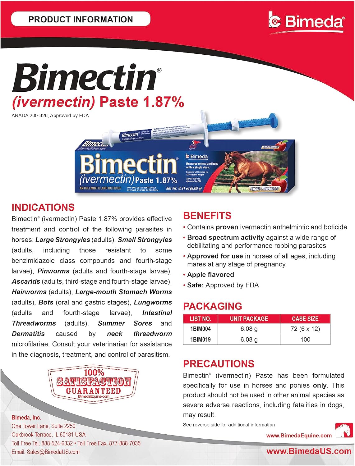 BIMECTIN IVERMECTIN 1.87% Paste WORMER PARASITES Apple Horse OTC 1 Tube
