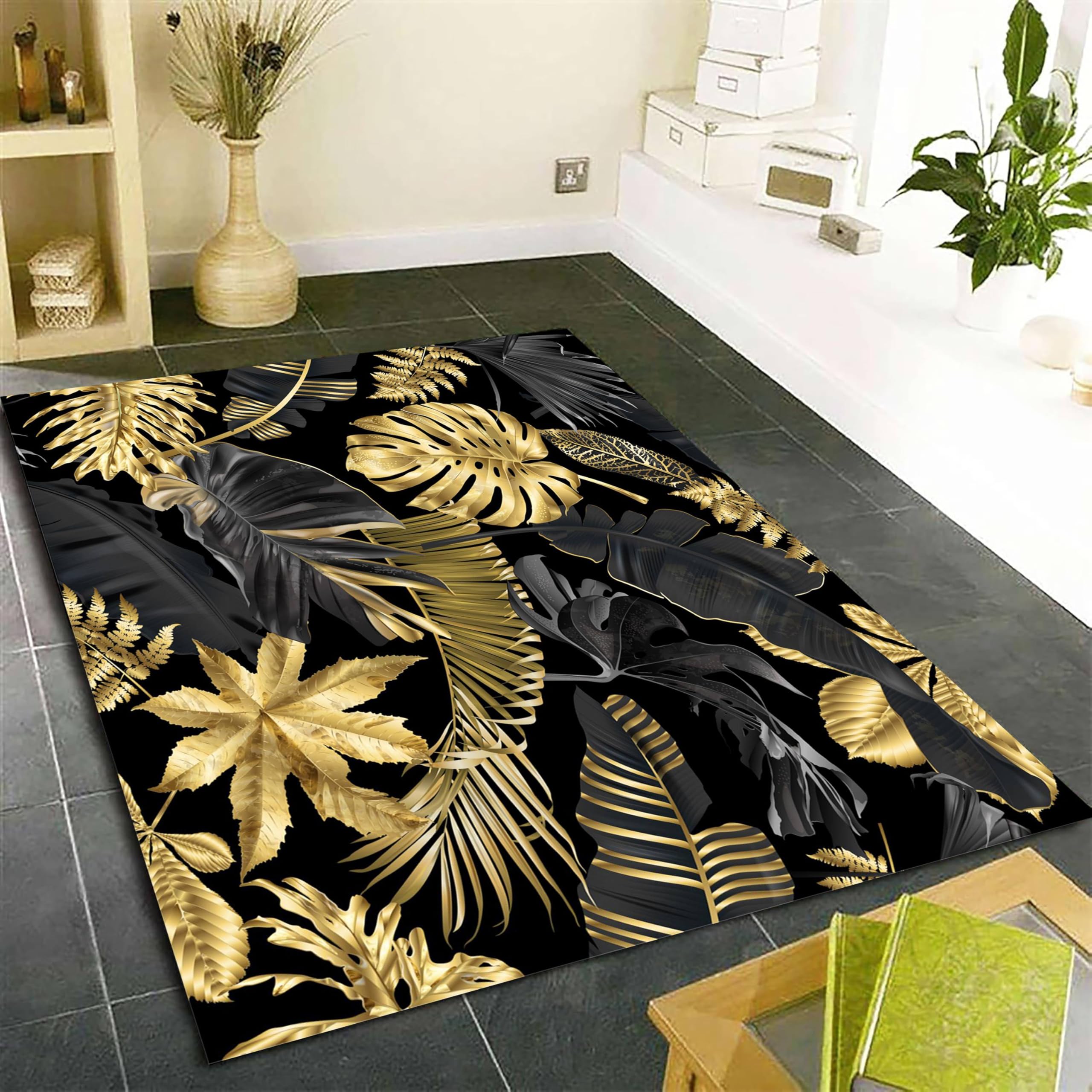 SOJAWA Leaf Area Rug, 180x300cm Tropical Golden Monstera Palm Leaf Office Carpet, Stylish and Beautiful Washable Easy Clean Indoor Carpets for Bedroom Kitchen Welcome Entryway Rugs Mat