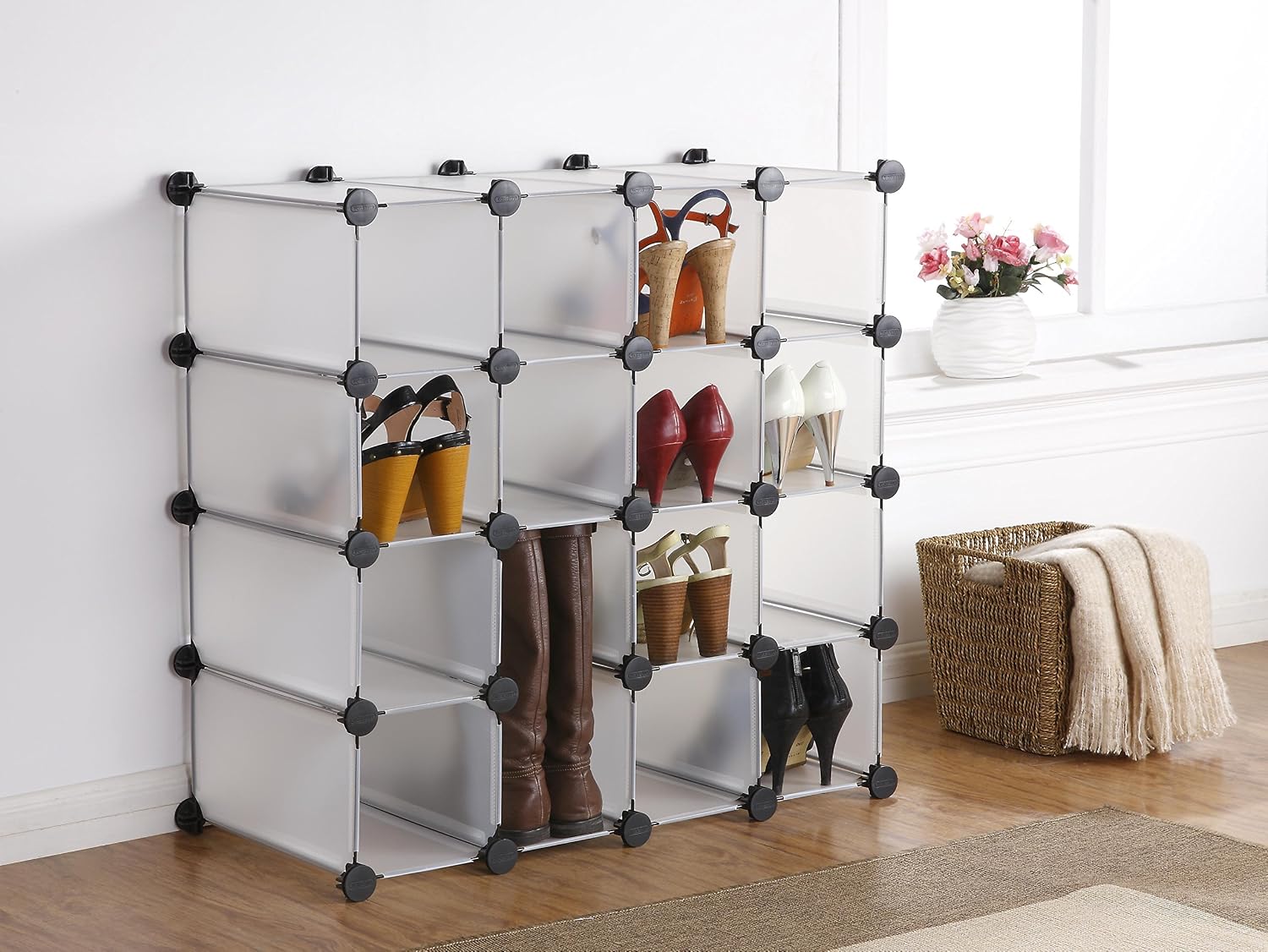VonHaus 16x Interlocking Shoe Organizer / Storage Shelves - make into any Shape & Size to Organize your household items