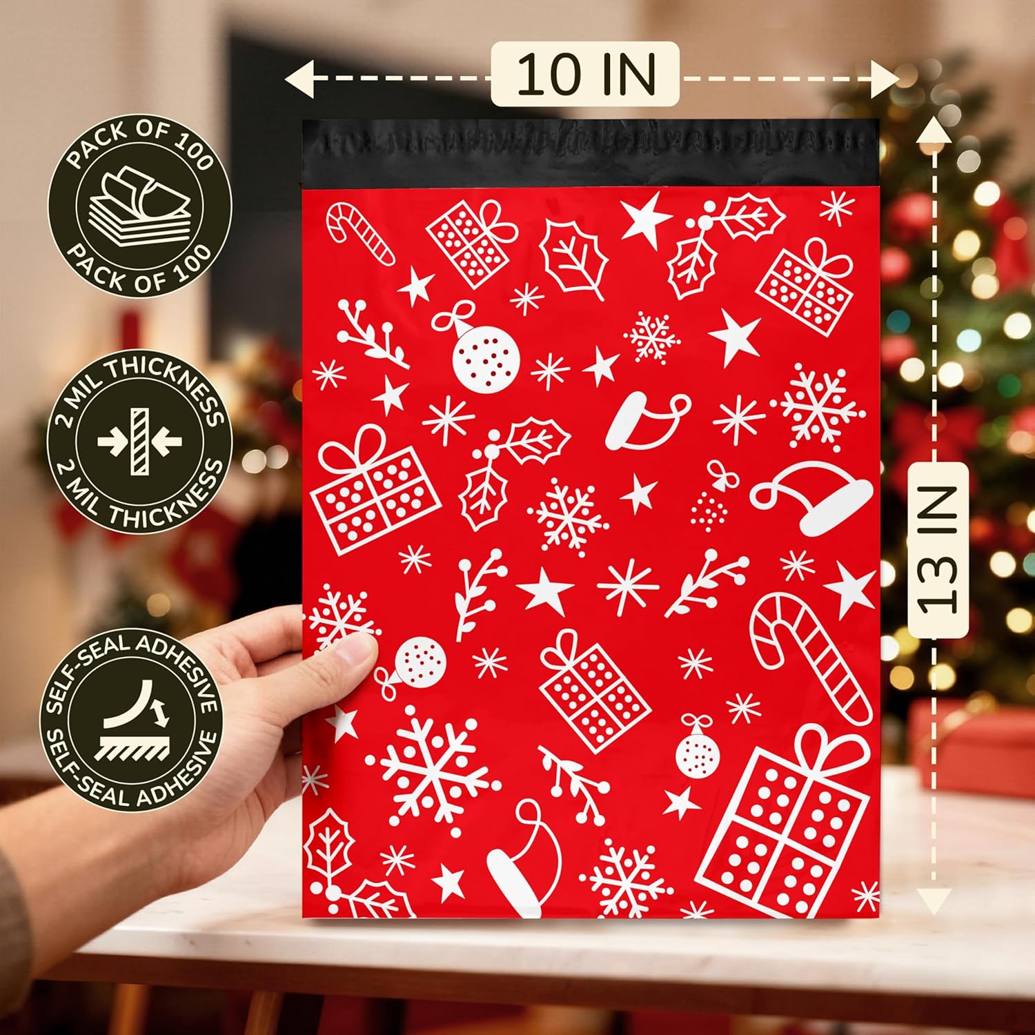 Shop4Mailers Christmas Poly Mailers 10x13 Inch – 300 Pack Christmas Gift Waterproof Shipping Bags for Small Business, 2 Mil Self-Seal Mailing Envelopes, Durable Red Poly Mailers for Holiday Packaging