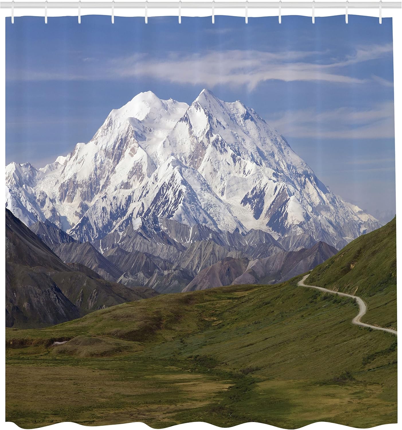 Ambesonne Alaska Shower Curtain, McKinley Mountain in Denali National Park in Alaska Scenic Landscape, Cloth Fabric Bathroom Decor Set with Hooks, 69" W x 70" L, Fern Green Sky Blue