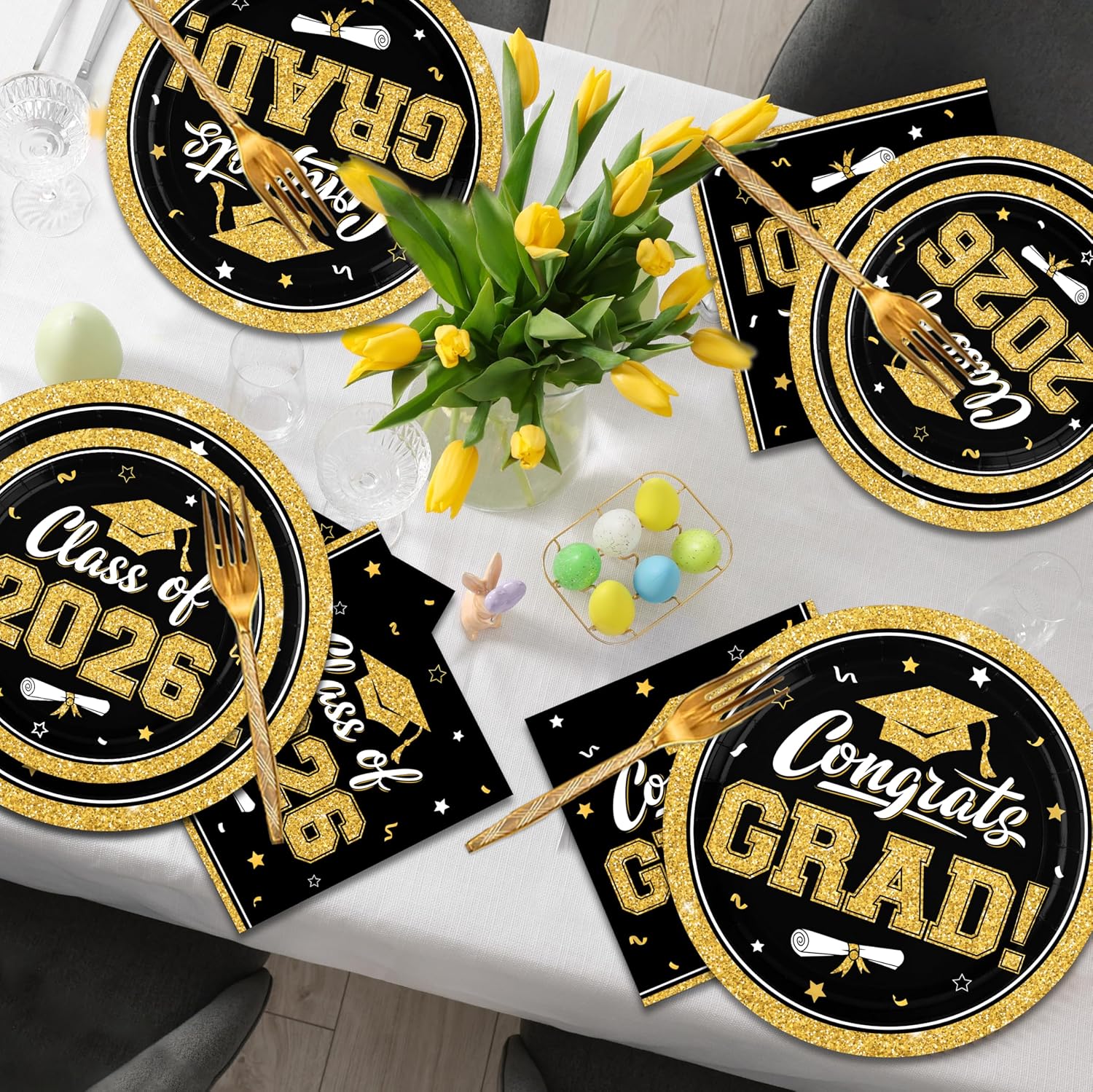 Black and Gold Graduation Decorations 2026,200Pcs Black Gold Graduation Plates and Napkins,Forks for Graduation Party Decorations, Class of 2026 Graduation Party Supplies,Serve 50