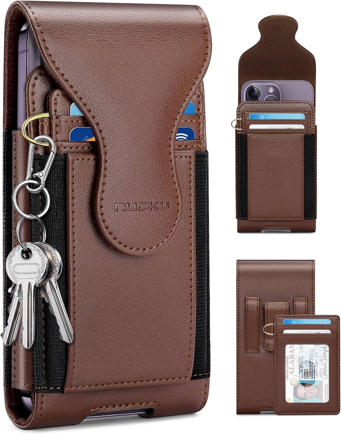 nuoku Holster for iPhone Air 17/16/15/14 /13/12/11 Pro/Max with Belt Clip and Separable Card Holder, Belt Phone Holder for Men Compatible with Samsung Galaxy Note Models(Brown)