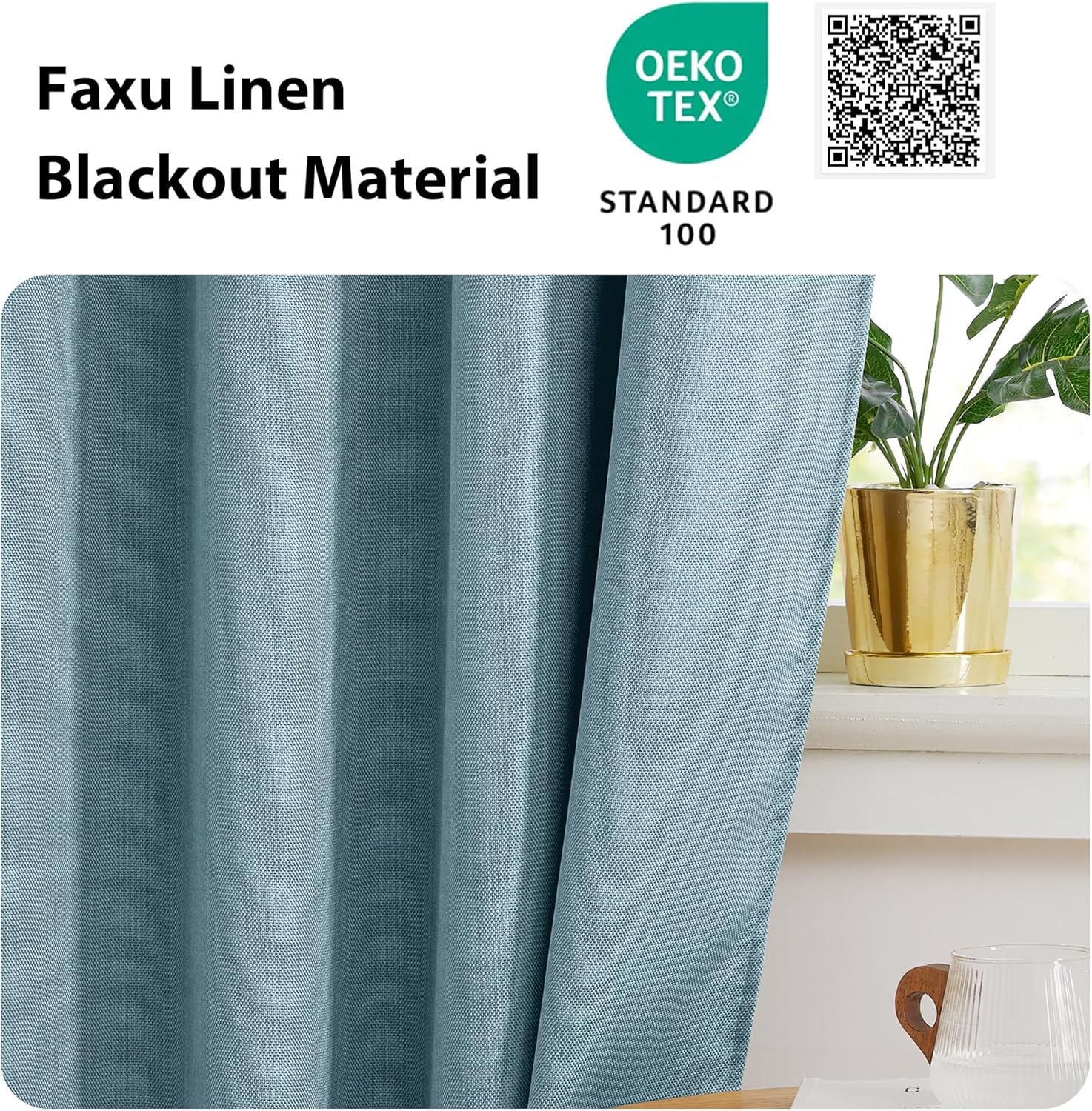 NICETOWN Faux Linen Curtain for French Door - Blackout Self Adhesive Window Curtain Thermal Insulated Privacy Blinds for Sidelight Energy Efficient, 26 x 80 inch Long, Mist Blue, 1 PC