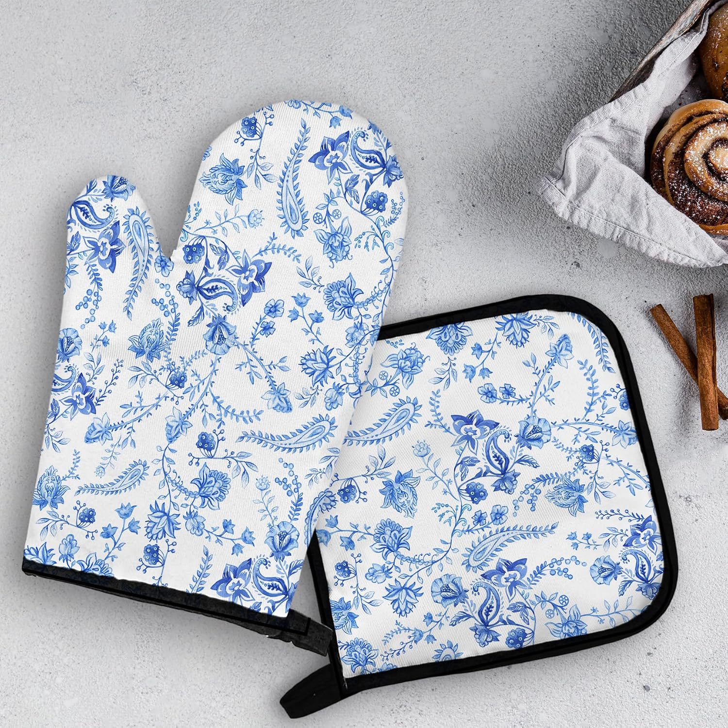 OHSUL Blue and White Porcelain Oven Mitts and Pot Holders Set, Blue and White Chinoiserie Kitchen Decor, Heat Resistant Oven Gloves Hot Pads for Cooking, Baking, Grilling