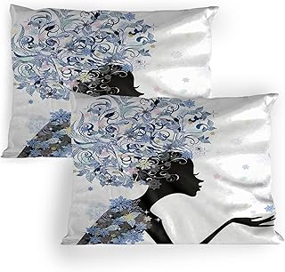Ambesonne Retro Pillow Sham Set of 2, Illustration of a Flower Haired Girl and Snowflakes Design Pattern Print, Quality Microfiber Bedding Item for All Seasons, 26