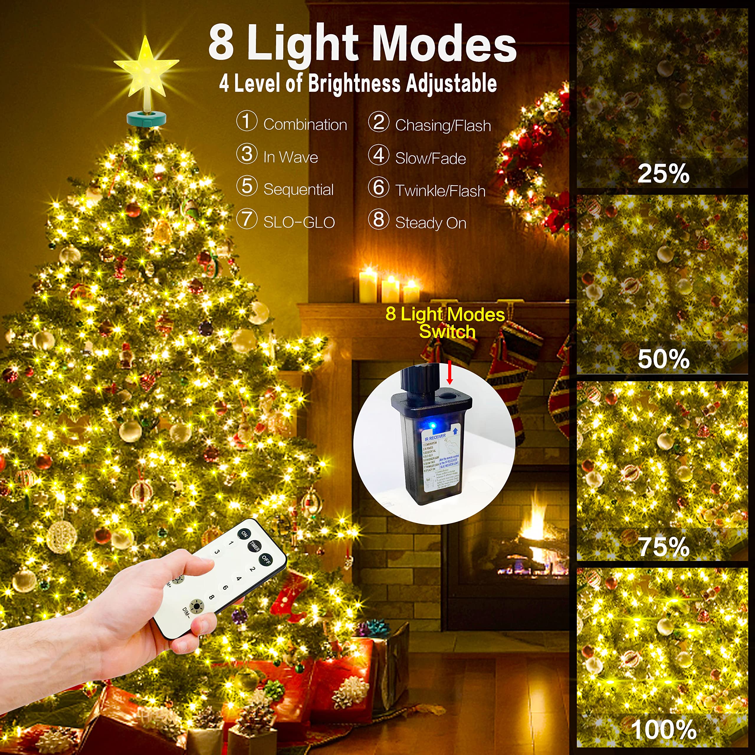 aneeway 410 LEDs Natale Luci Stelline, Telecomando Catena Luminosa Stelle Luce Stringa Interni Esterni Per Albero di Natale di 1,5-2,4 m Salotto Giardino Feste Natale Matrimonio, Bianco Caldo