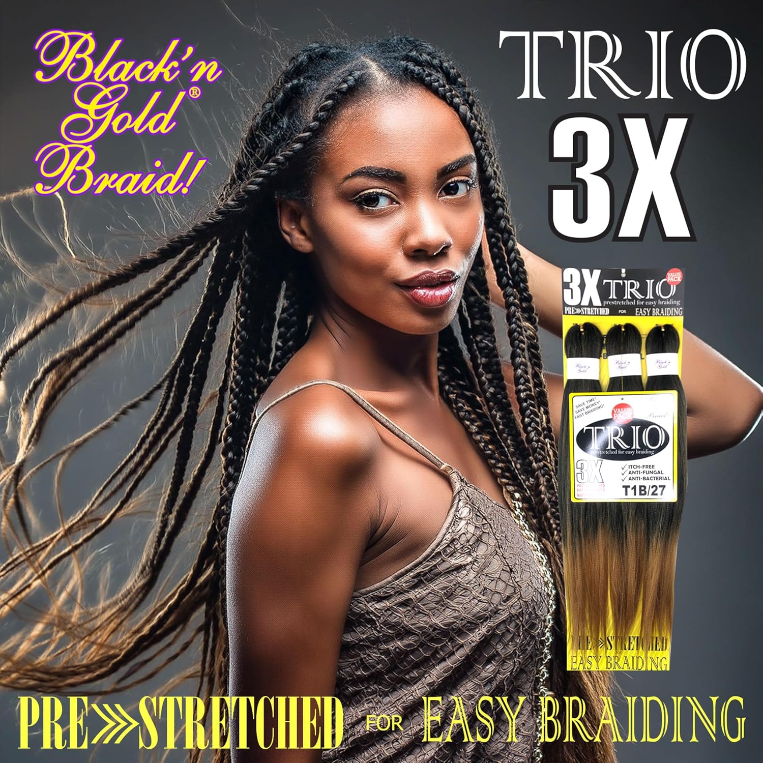 BNG 3X Pre-Stretched Braiding Hair, 28" Professional Itch Free Synthetic Fiber Braids Hair Extensions for Easy Braid, 3 PACKS (9 bundles), (#1 Jet Black)