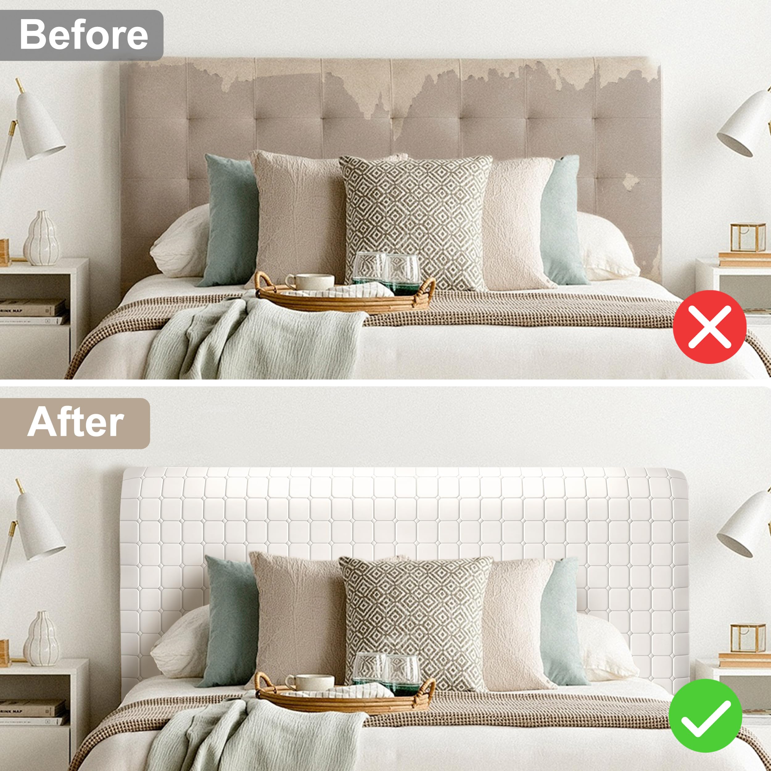Funda para Cabecero de Cama Cuadrados Pequeños Fundas Cabecero Cama Terciopelo Suave Funda Grueso para Dormitorio Cabeceros Blanco Roto 160cm