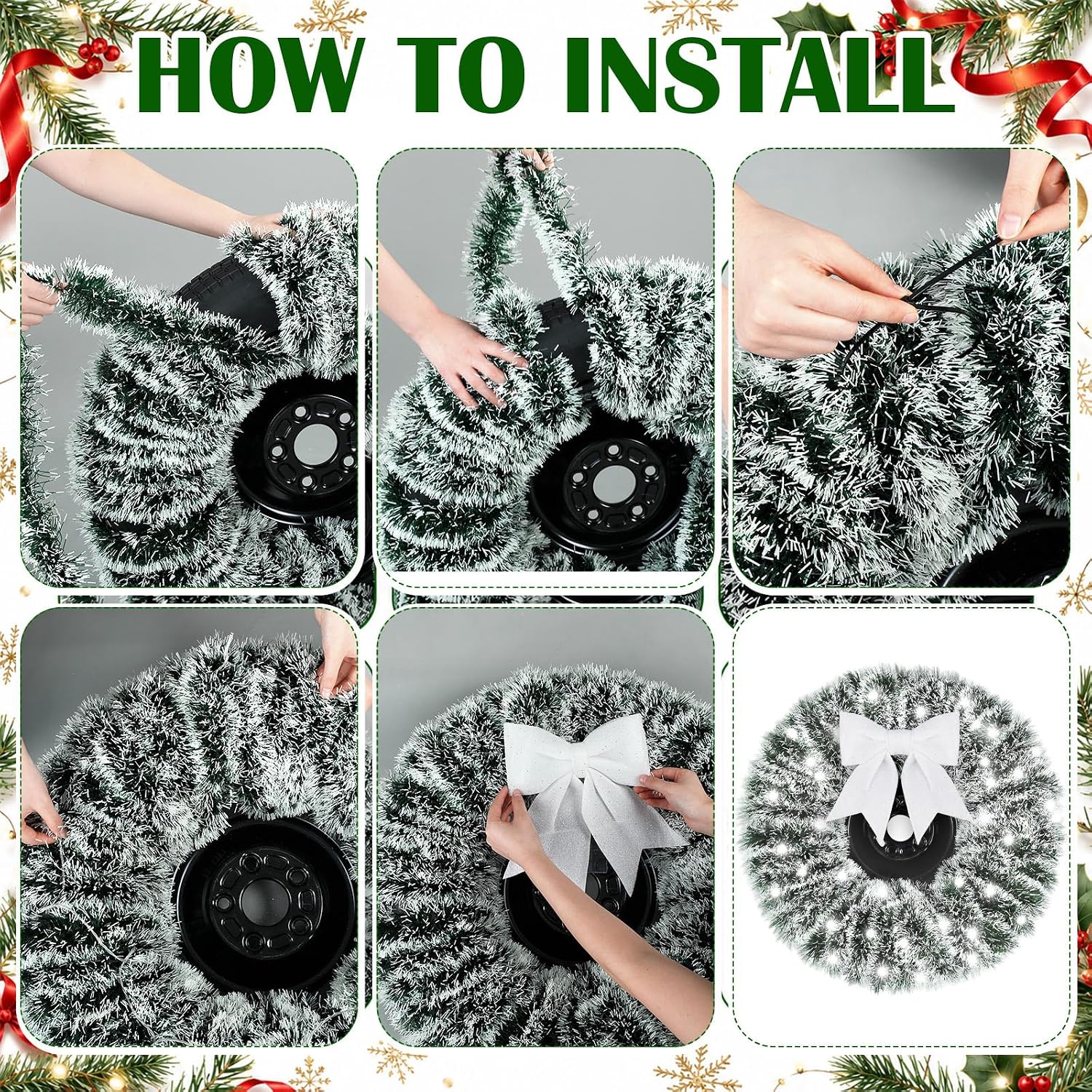 Daifunli Christmas Car Wreath Spare Tire Decoration LED Spare Tire Cover DIY Kit Include 150ft Tinsel Green Garland Large Red Bow 80 LED String Lights for Truck SUV Holiday Outdoor Decor (Snowy)