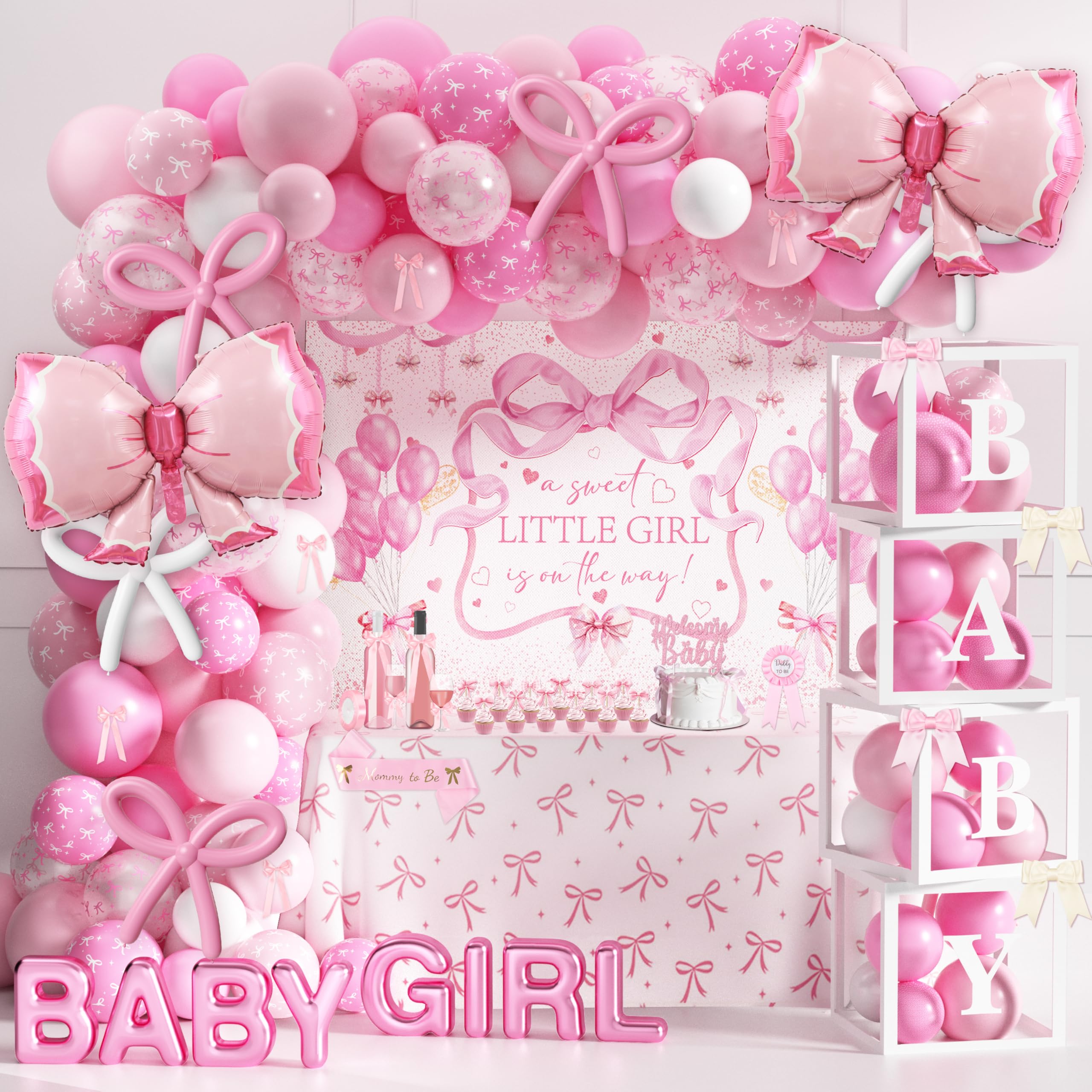 Photo 1 of 143PCS Pink Baby Shower Decorations for Girl, Welcome Baby Girl Party Decorations, Coquette Pink Bow Theme Backdrop Balloon Baby Boxes Banner for Girl Birthday Baby Shower Decor