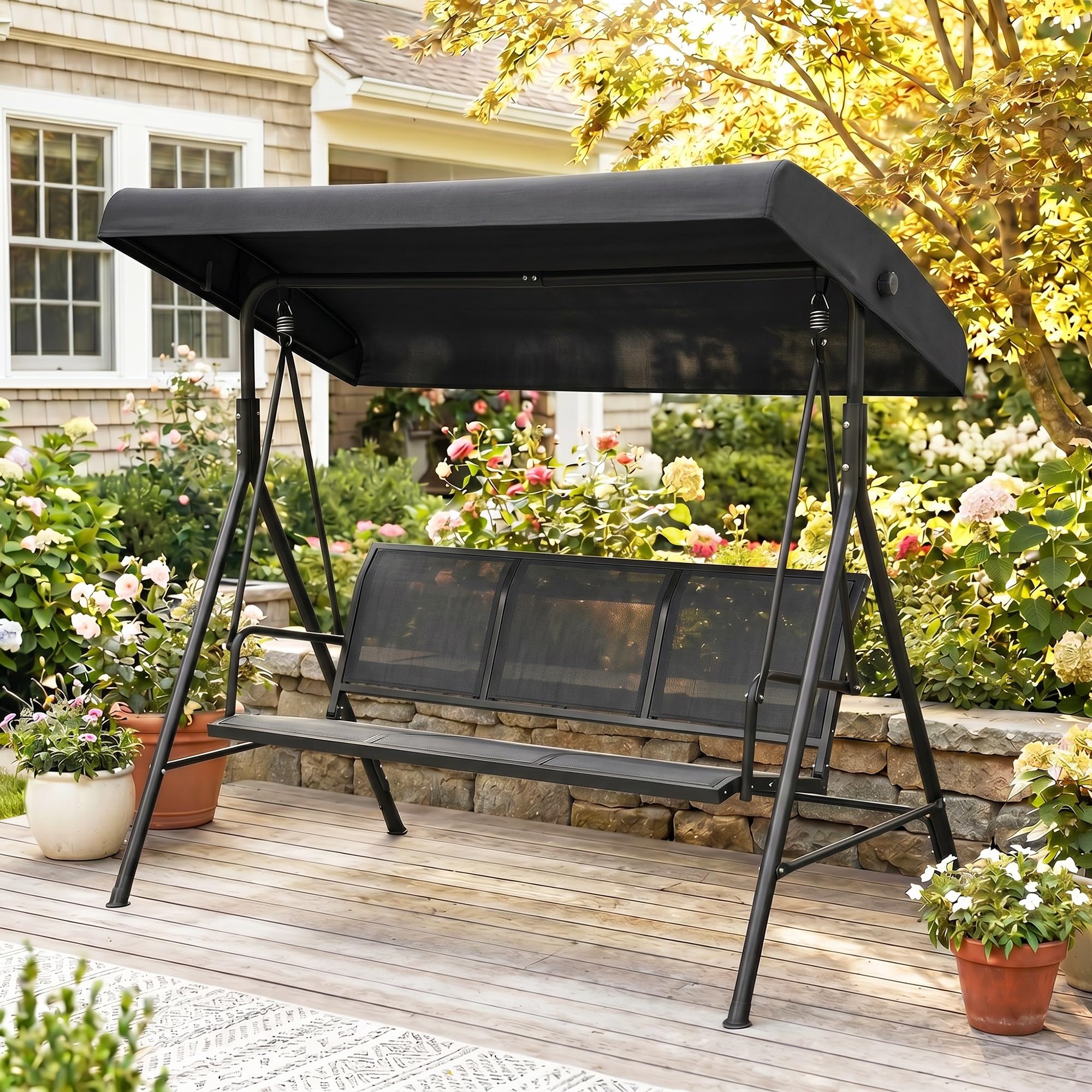Outsunny Columpio de Jardín Exterior de 3 Plazas con Toldo Reclinable, Balancín de Jardín Exterior con Respaldo Transpirable y Marco de Acero, para Terraza Balcón, 175x118x159 cm, Negro