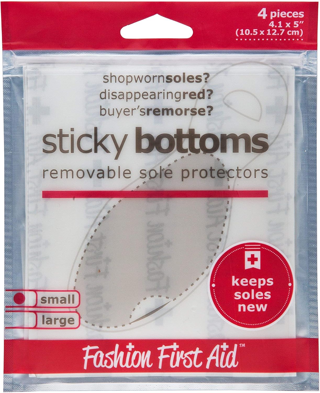 Fashion First Aid Sticky Bottoms: removable sole protectors, clear (4 pieces small: 4 x 5 inches) | Clear Stickers To Keep Shoe Bottoms New, Residue Free Adhesive Releases Cleanly, Trace - Cut - Stick, Small 4 Pcs
