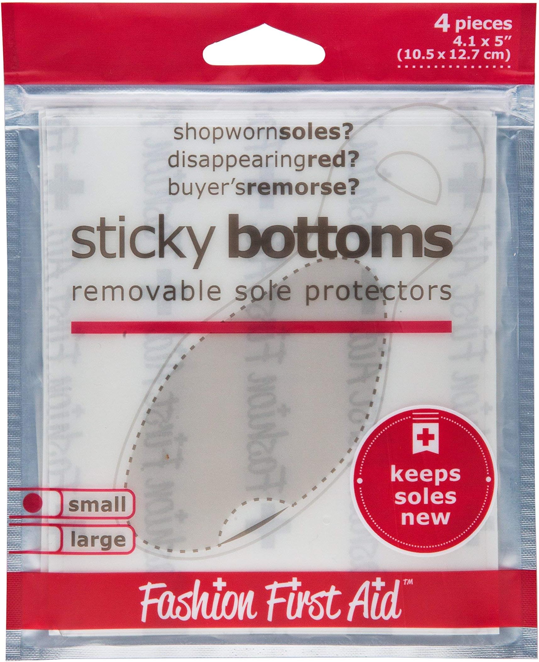 Fashion First Aid Sticky Bottoms: removable sole protectors, clear (4 pieces small: 4 x 5 inches) | Clear Stickers To Keep Shoe Bottoms New, Residue Free Adhesive Releases Cleanly, Trace - Cut - Stick, Small 4 Pcs