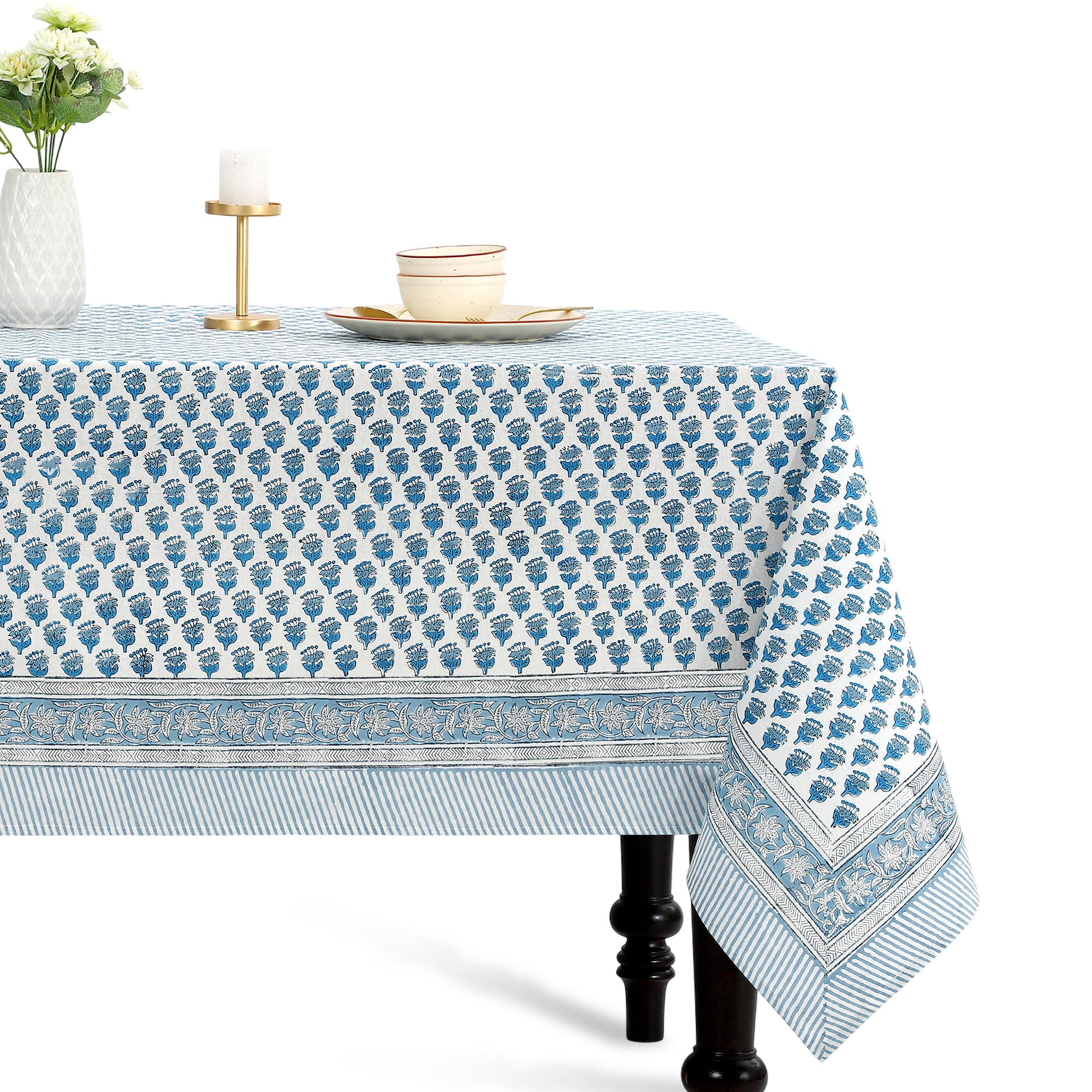 CPC Apatite Blue Block Print 100% Cotton Rectangle Tablecloth 52x70 Inch