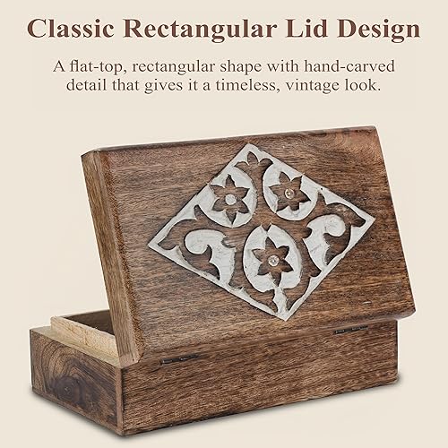 Miniatura 6 de Ajuny Joyero de madera con tallas florales y de diamantes, hecho a mano, decorativo, marrón y blanco, caja de almacenamiento multiusos, organizador