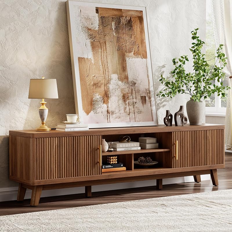 70" Mid Century Modern TV Stand, Fluted Entertainment Center TV Stand with Power Outlet, Reinforced 1.1'' Tabletop and 2 Soft Close Doors, Media Console for Living Room, Walnut