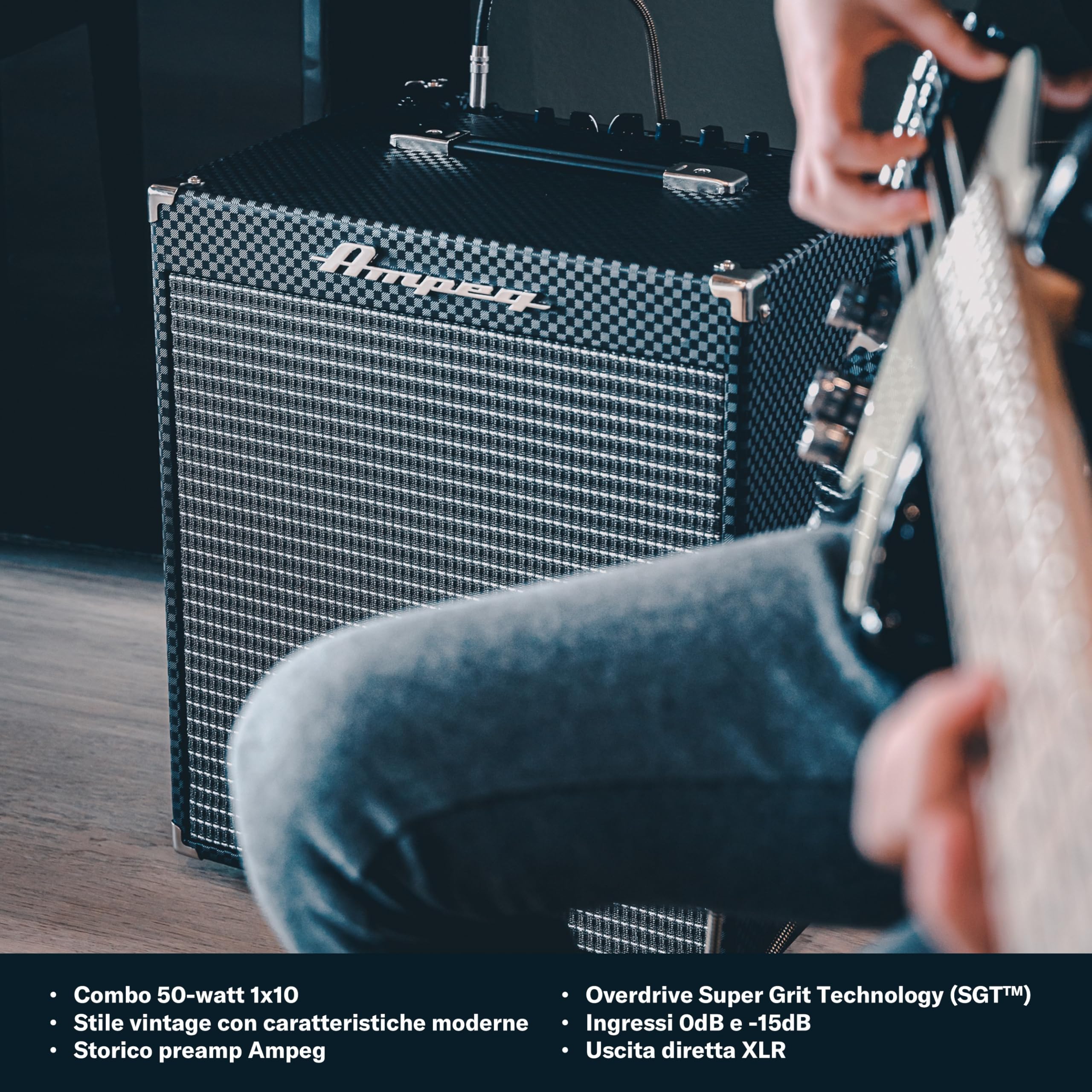AMPEG RB-110 Combo per Basso – Amplificatore da Studio 50W con Storico Preamp AMPEG, Overdrive SGT, EQ a 3 Bande, Ingresso AUX, Uscita Cuffie, Line Out XLR e Speaker 1x10" – Nero