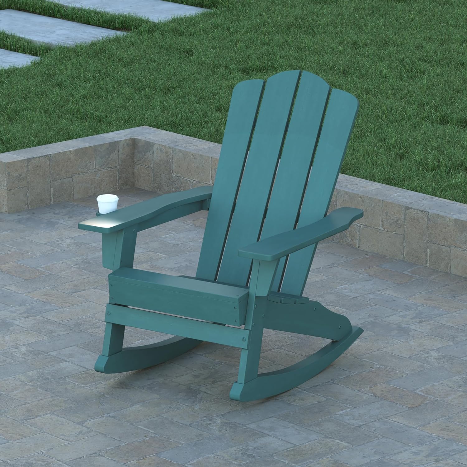 EMMA + OLIVER Tiverton Adirondack Rocking Chair with Cup Holder, Weather Resistant Poly Resin Adirondack Rocking Chair, Blue