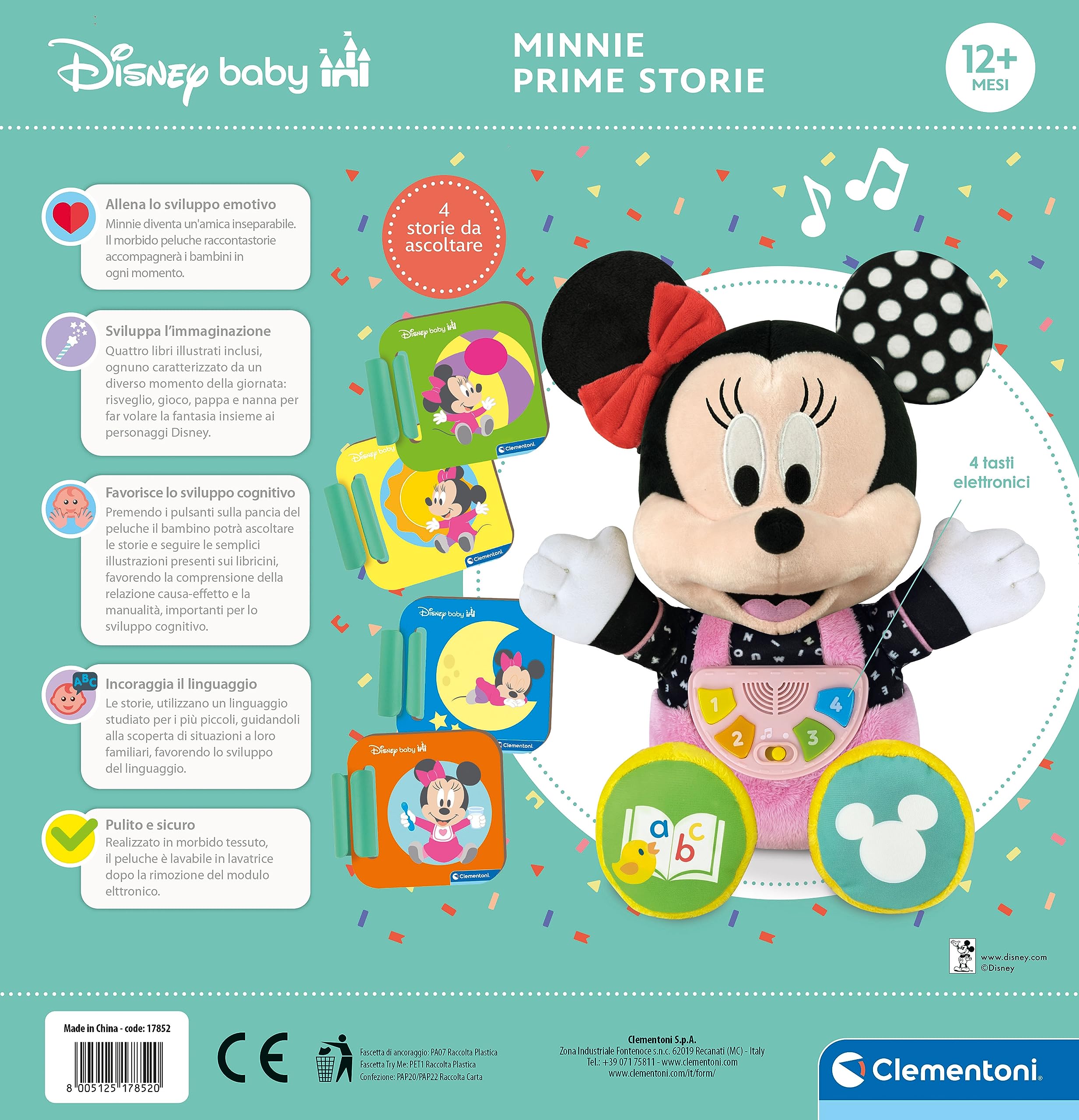 Clementoni Disney Baby - Baby Minnie Prime Storie, Peluche Raccontastorie Interattivo per Bambini 12+ Mesi, con 4 Libricini Illustrati, 100% Lavabile, Lingua Italiana, 17852