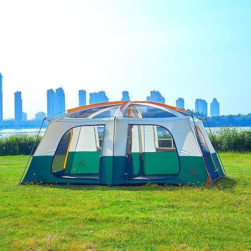 Miniatura 4 de KTT Tienda de campaña extragrande para 12-14 personas, tiendas de campaña familiares, 2 habitaciones, pared recta, 2 puertas, 4 ventanas con malla,