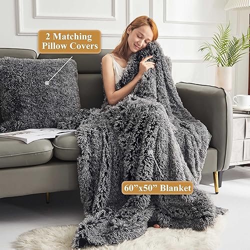 Miniatura 2 de XeGe Juego de 3 piezas de manta y fundas de almohada de piel sintética mullida de 50 x 60 pulgadas, manta de felpa lanuda de forro polar de 20 x 20